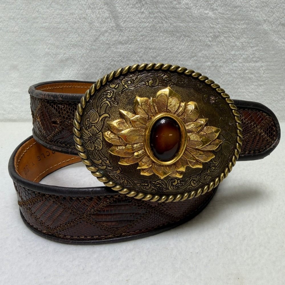 Genuine Lizard Brown Leather Western Belt 30 Raintree 1978 Brass Flower Buckle